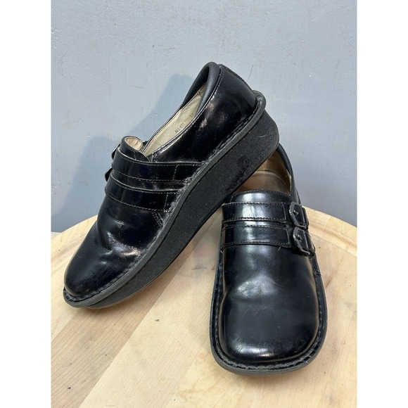 Alegria Alli Black Waxy Clog Patent Leather Double Buckle Women's Size 6.5/EU 37 - Picture 1 of 11